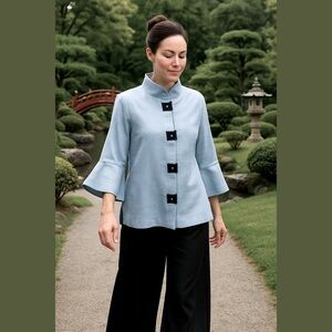 90s IC COLLECTION ASIAN INSPIRED BLUE SWING RIBBED JACKET LG SQUARE BUTTONS L